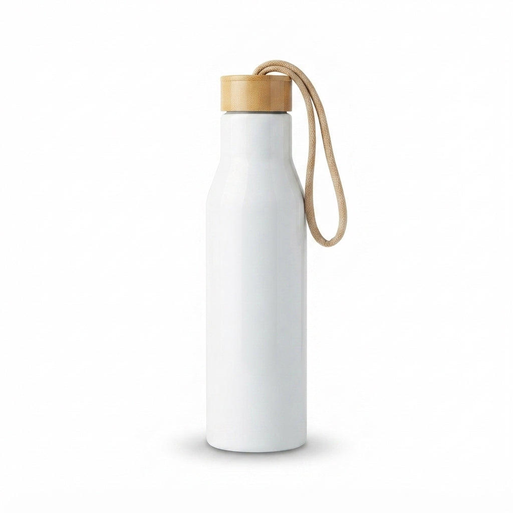 Slim Bottle with Bamboo Lid and Carry Strap - White - Meru Trophy corporate gifting