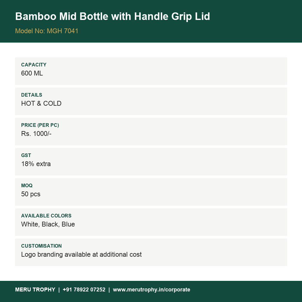 Bamboo Mid Bottle with Handle Grip Lid - specification card - Meru Trophy corporate gifting