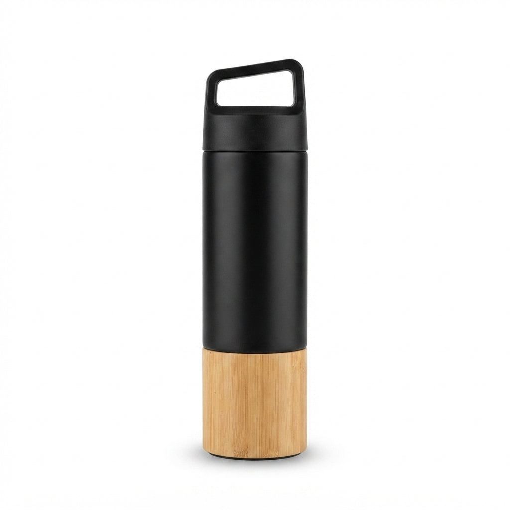Bamboo Mid Bottle with Handle Grip Lid - Black - Meru Trophy corporate gifting