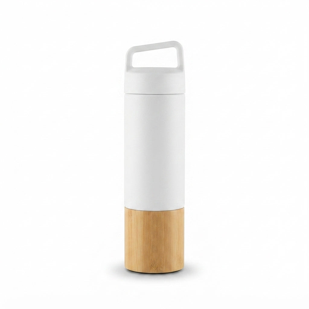Bamboo Mid Bottle with Handle Grip Lid - White - Meru Trophy corporate gifting