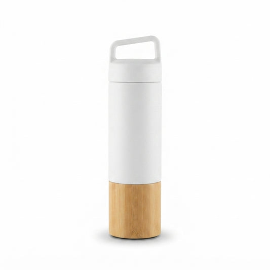 Bamboo Mid Bottle with Handle Grip Lid - White - Meru Trophy corporate gifting