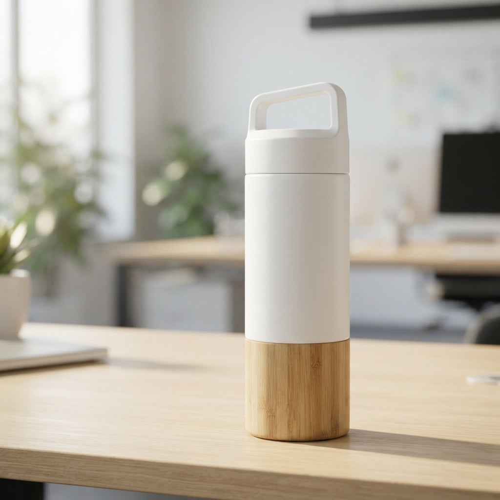 Bamboo Mid Bottle with Handle Grip Lid - lifestyle desk shot - Meru Trophy corporate gifting