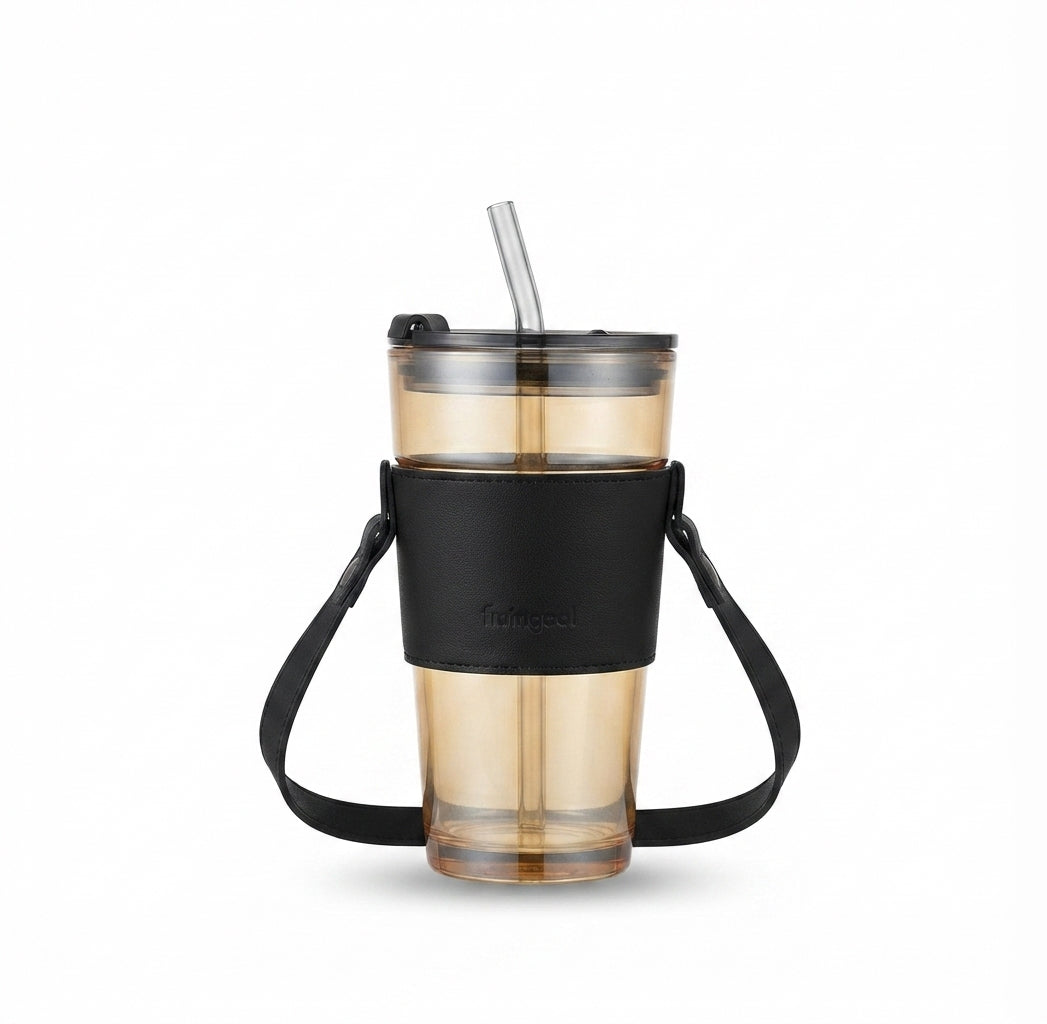 Amber Glass Tumbler with Carry Sleeve and Straw - Black - Meru Trophy corporate gifting