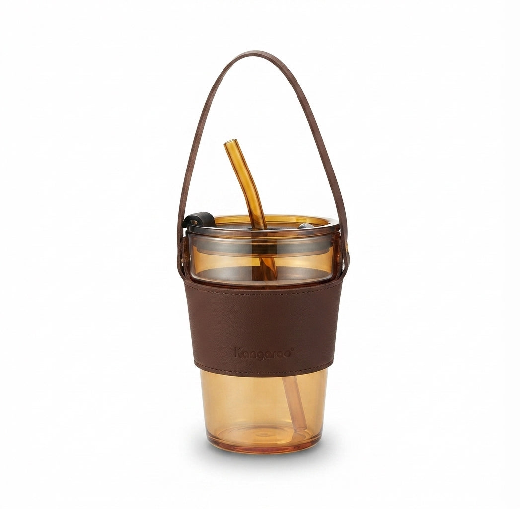 Amber Glass Tumbler with Carry Sleeve and Straw - Brown - Meru Trophy corporate gifting