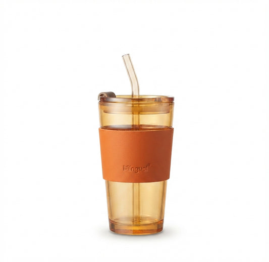 Amber Glass Tumbler with Carry Sleeve and Straw - Orange - Meru Trophy corporate gifting