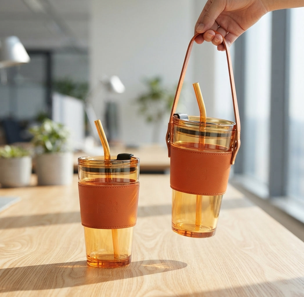 Amber Glass Tumbler with Carry Sleeve and Straw - lifestyle - Meru Trophy corporate gifting