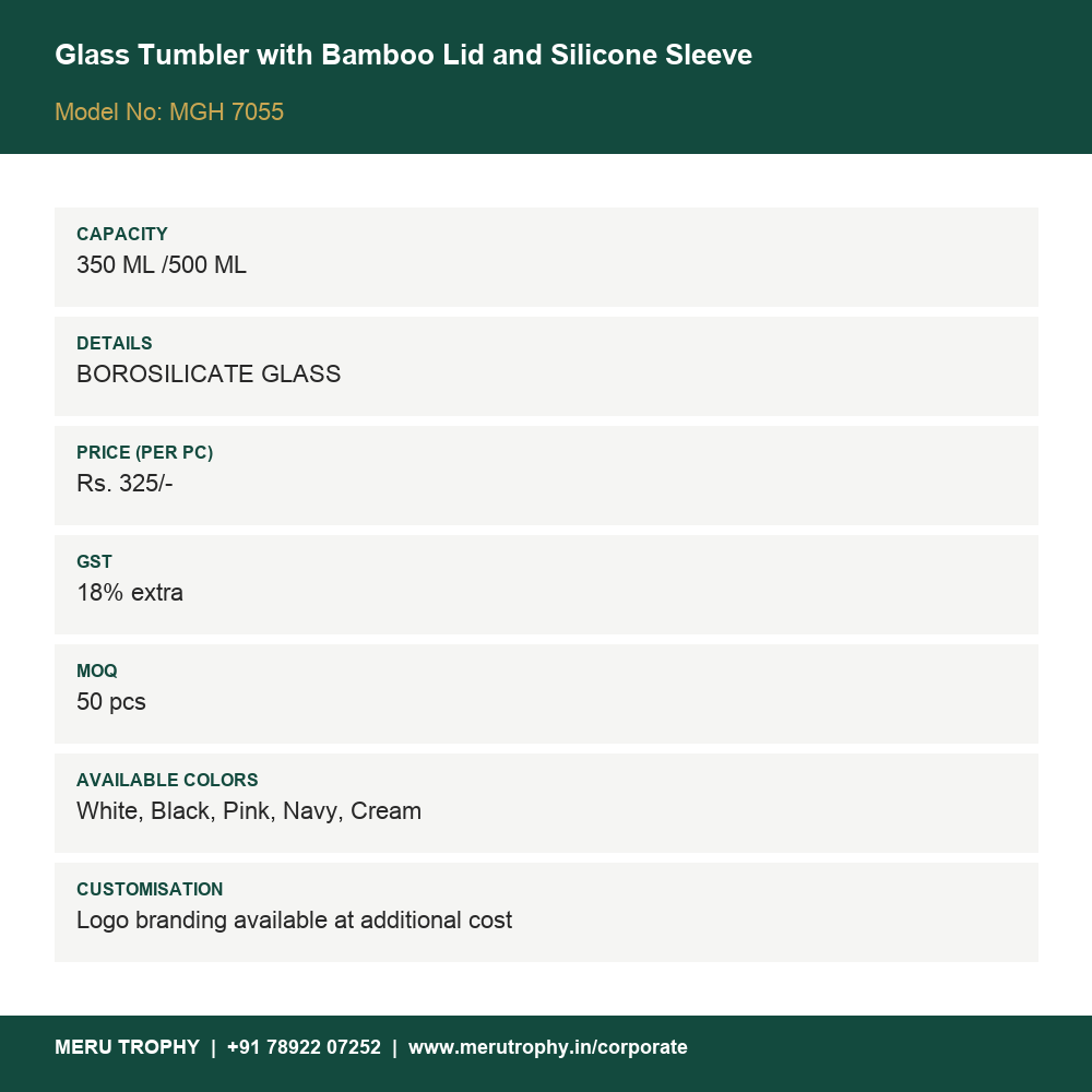 Glass Tumbler with Bamboo Lid and Silicone Sleeve - product details card - Meru Trophy corporate gifting