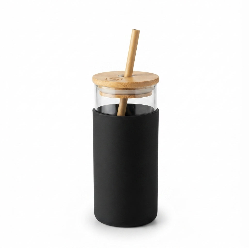 Glass Tumbler with Bamboo Lid and Silicone Sleeve - Black - Meru Trophy corporate gifting