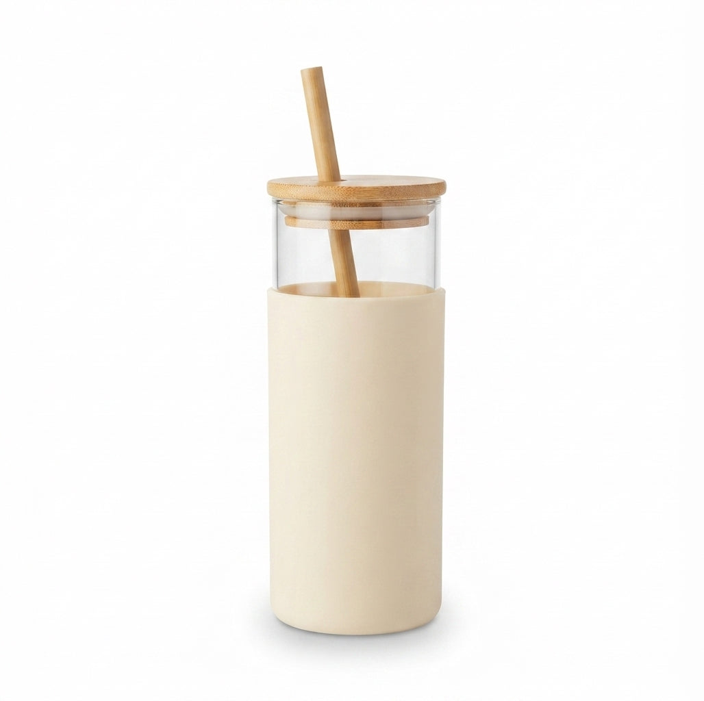 Glass Tumbler with Bamboo Lid and Silicone Sleeve - Cream - Meru Trophy corporate gifting