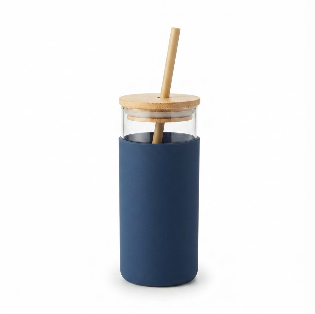 Glass Tumbler with Bamboo Lid and Silicone Sleeve - Navy - Meru Trophy corporate gifting