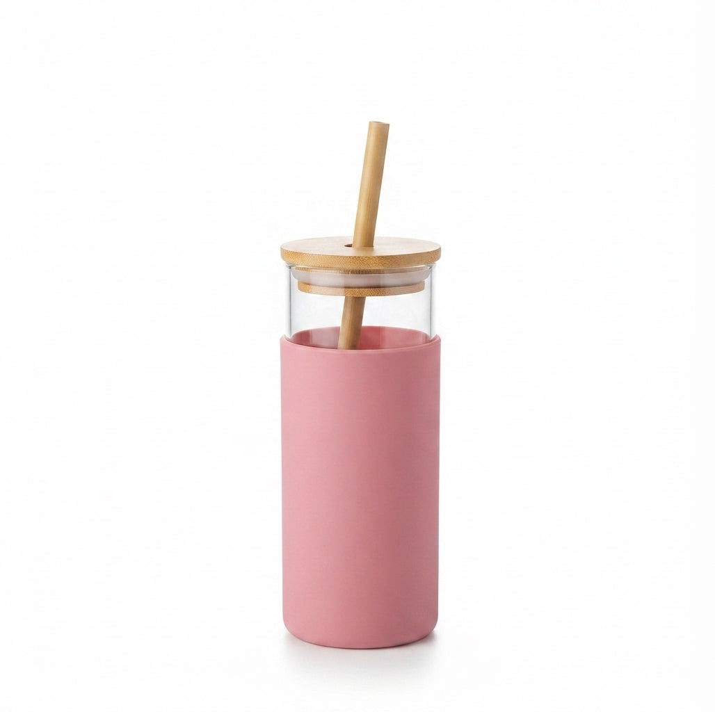 Glass Tumbler with Bamboo Lid and Silicone Sleeve - Pink - Meru Trophy corporate gifting