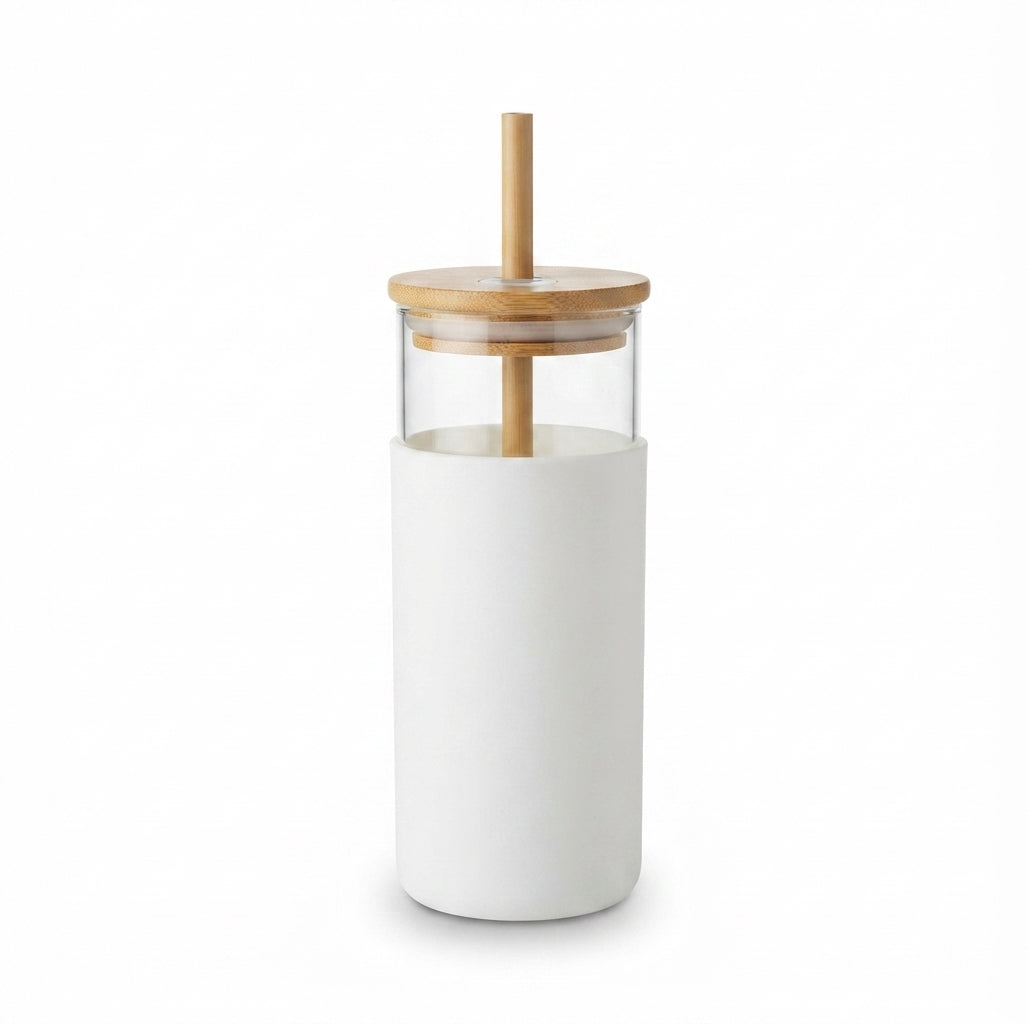 Glass Tumbler with Bamboo Lid and Silicone Sleeve - White - Meru Trophy corporate gifting