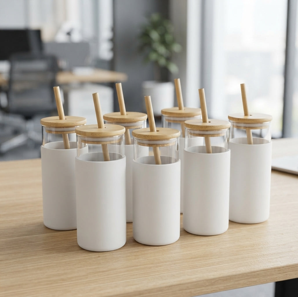 Glass Tumbler with Bamboo Lid and Silicone Sleeve - lifestyle - Meru Trophy corporate gifting