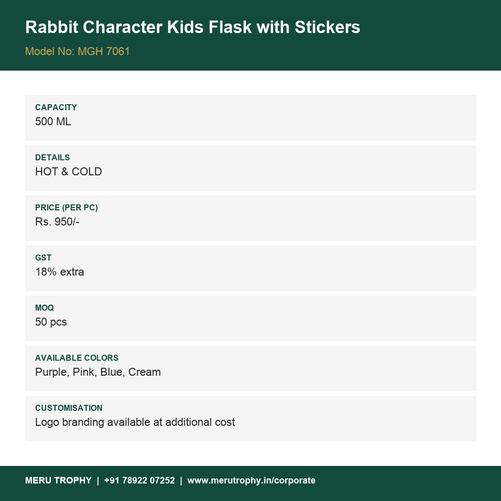 Rabbit Character Kids Flask with Stickers - detail card - Meru Trophy corporate gifting