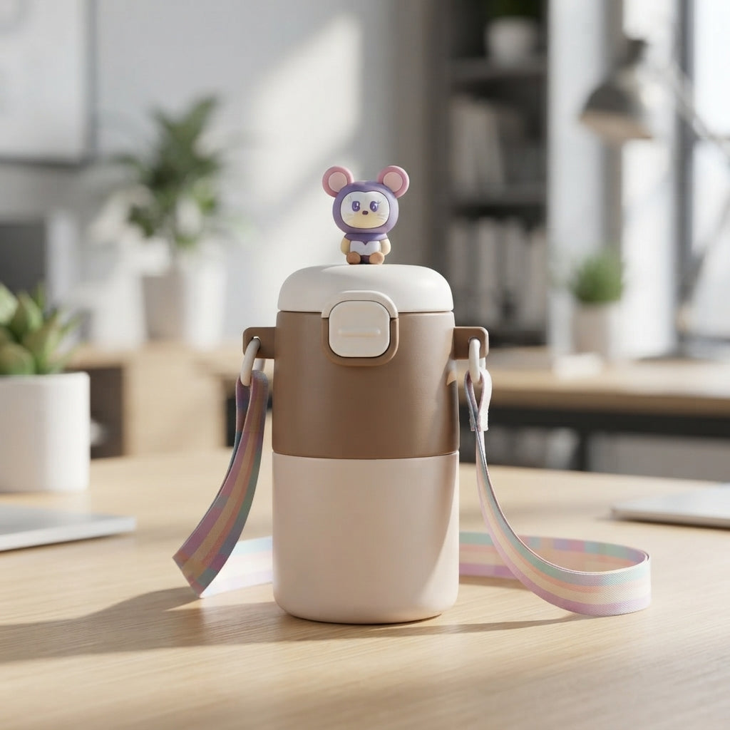 Bear Top Kids Flask with Strap - lifestyle desk shot - Meru Trophy corporate gifting