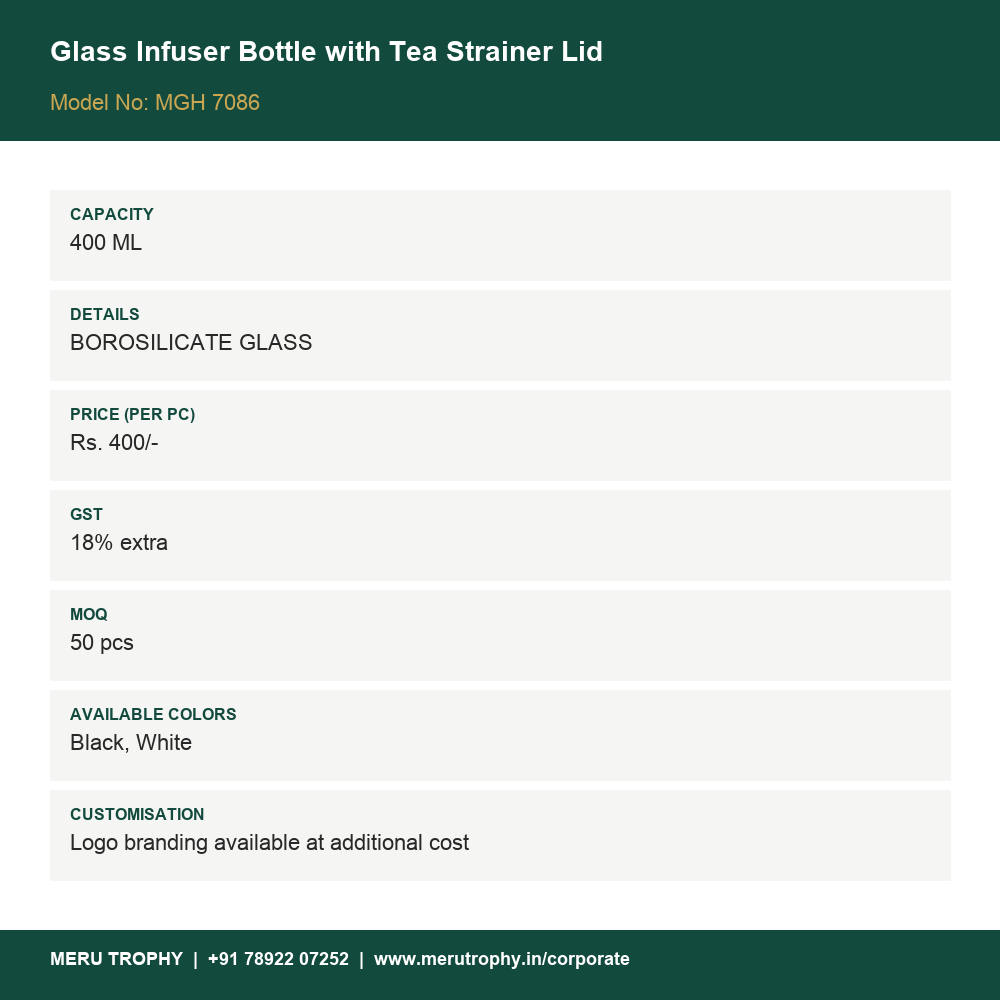 Glass Infuser Bottle with Tea Strainer Lid - product details card - Meru Trophy corporate gifting