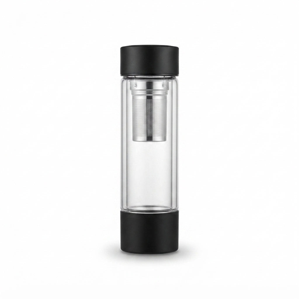 Glass Infuser Bottle with Tea Strainer Lid - Black - Meru Trophy corporate gifting