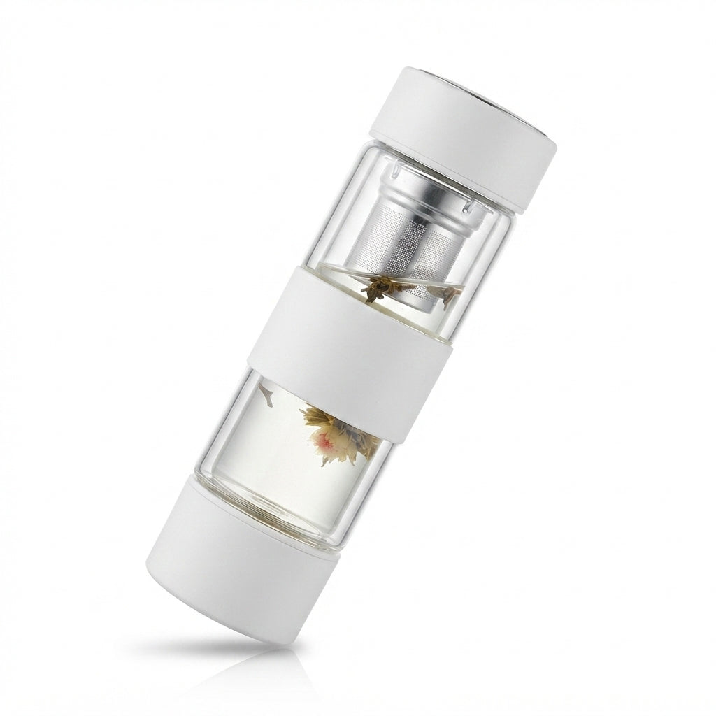 Glass Infuser Bottle with Tea Strainer Lid - White - Meru Trophy corporate gifting