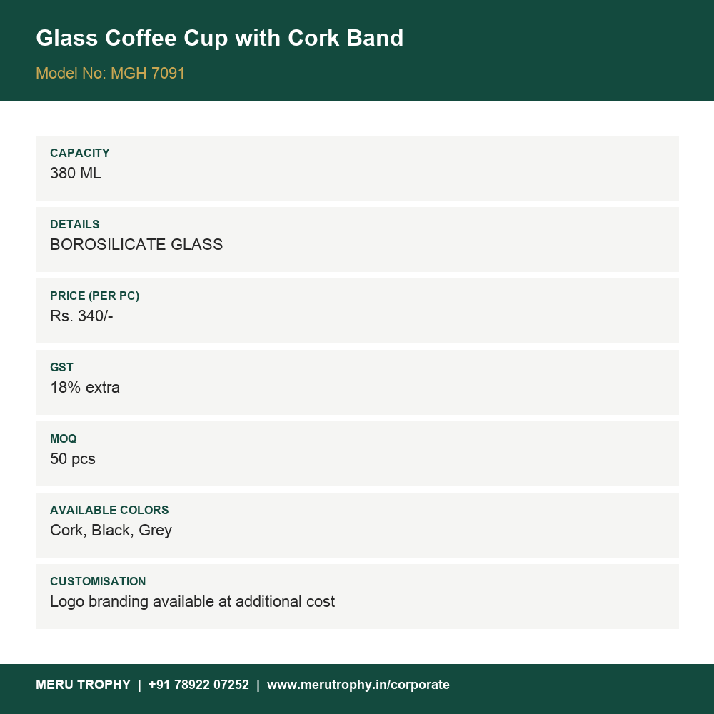 Glass Coffee Cup with Cork Band - product details card - Meru Trophy corporate gifting
