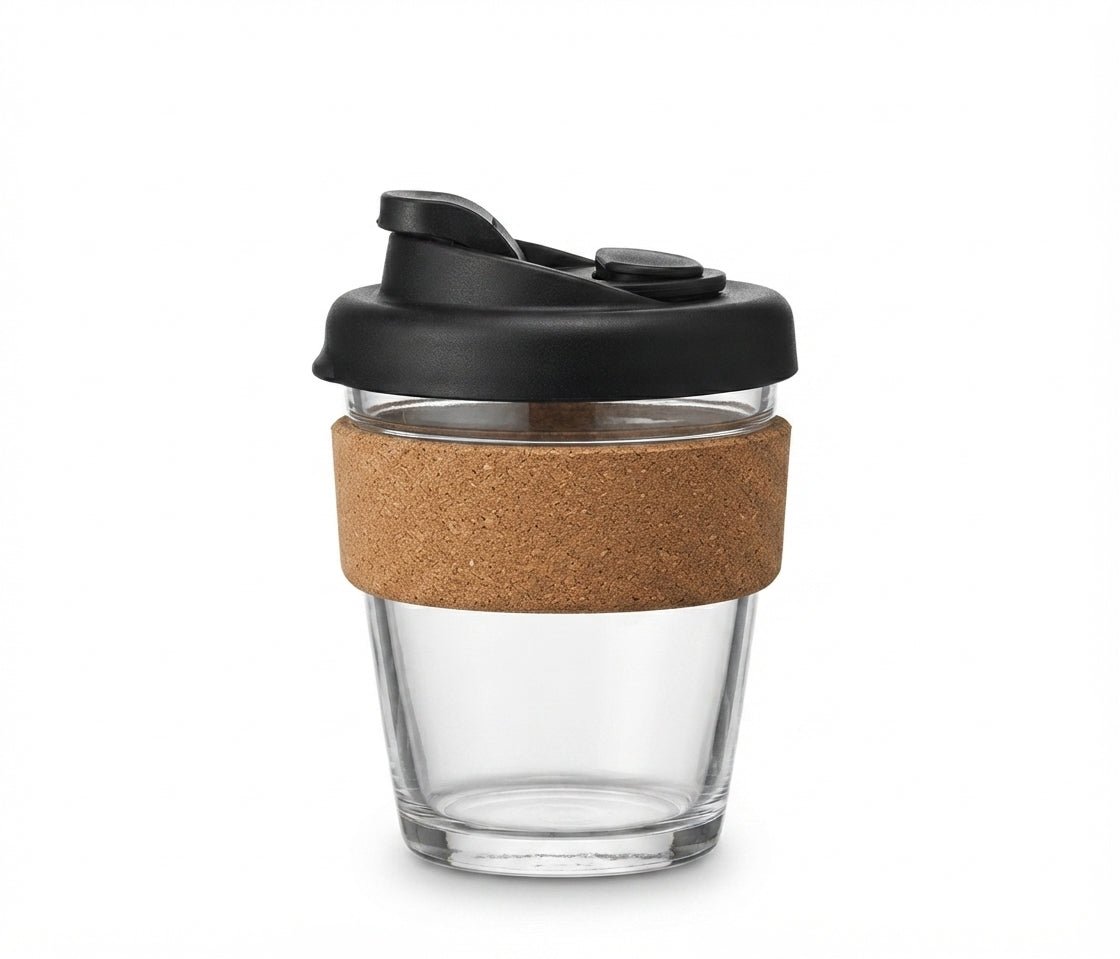 Glass Coffee Cup with Cork Band - Black - Meru Trophy corporate gifting