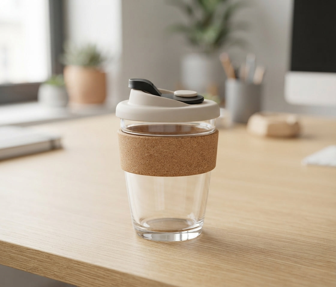 Glass Coffee Cup with Cork Band - lifestyle - Meru Trophy corporate gifting