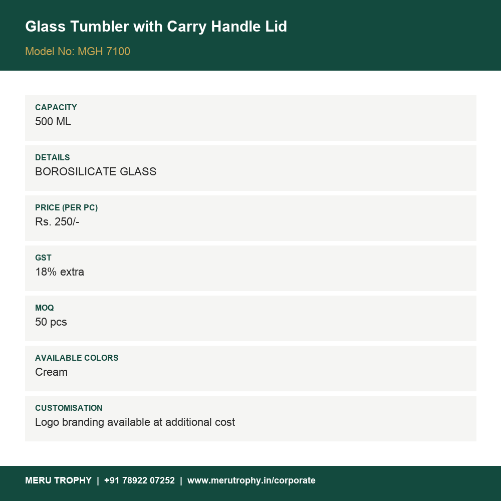Glass Tumbler with Carry Handle Lid - product details card - Meru Trophy corporate gifting