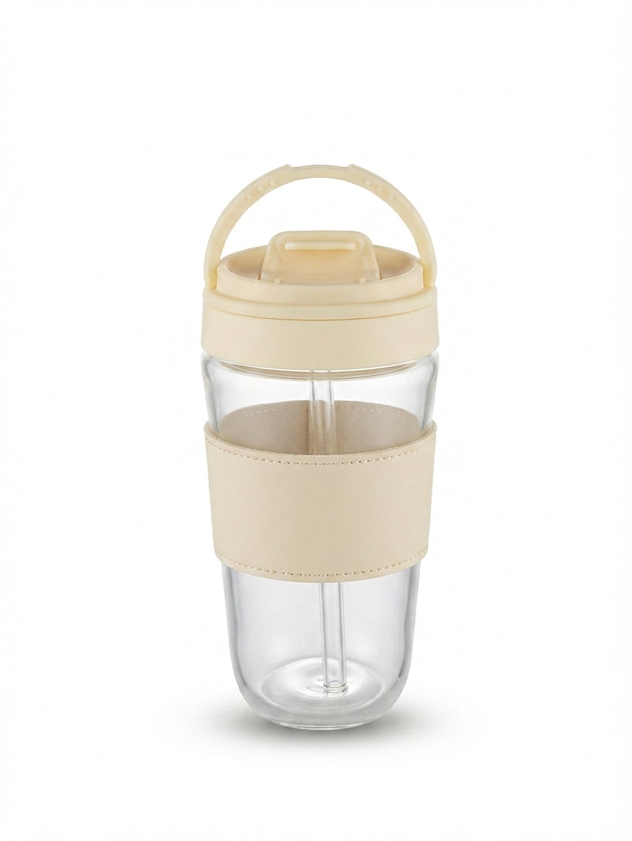 Glass Tumbler with Carry Handle Lid - Cream - Meru Trophy corporate gifting