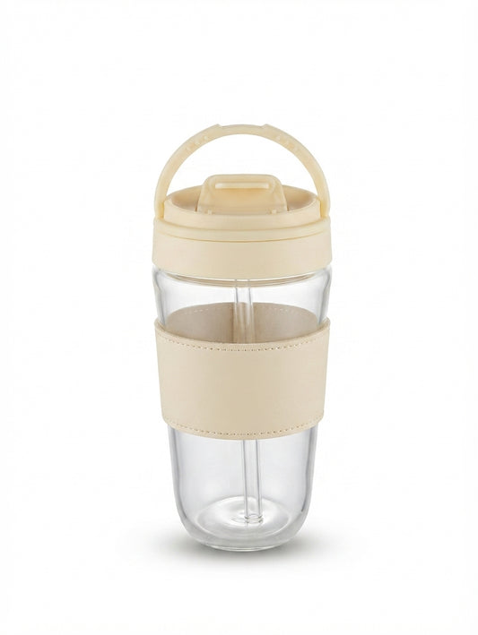 Glass Tumbler with Carry Handle Lid - Cream - Meru Trophy corporate gifting