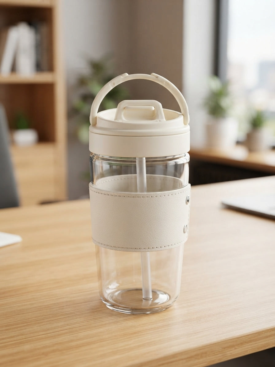 Glass Tumbler with Carry Handle Lid - lifestyle - Meru Trophy corporate gifting