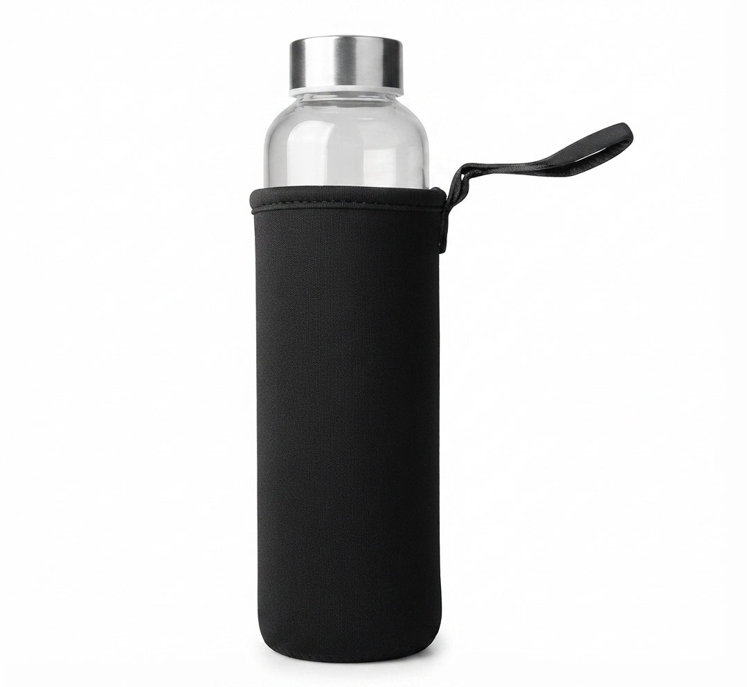 Glass Bottle with Neoprene Sleeve - Black - Meru Trophy corporate gifting