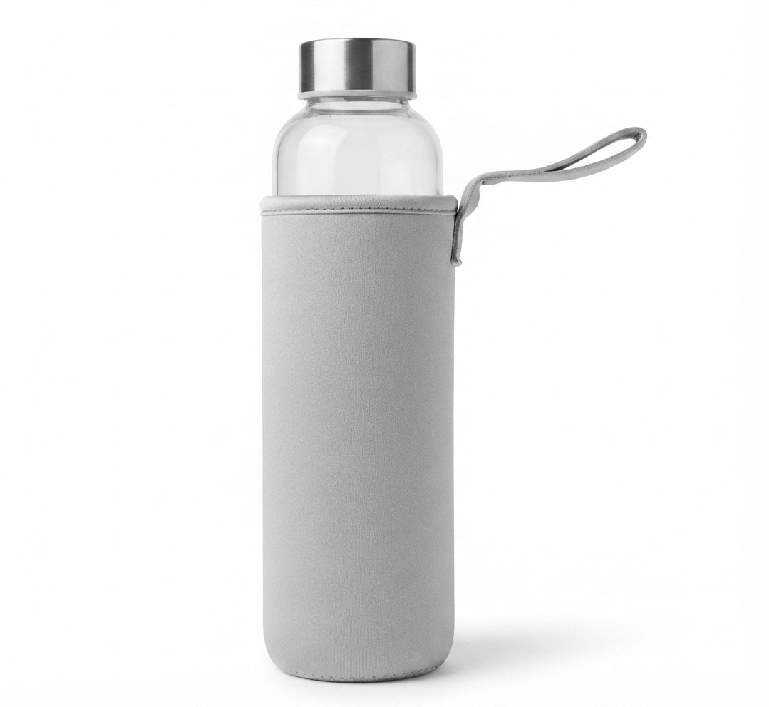 Glass Bottle with Neoprene Sleeve - Silver - Meru Trophy corporate gifting