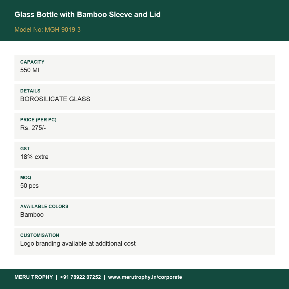 Glass Bottle with Bamboo Sleeve and Lid - product details card - Meru Trophy corporate gifting