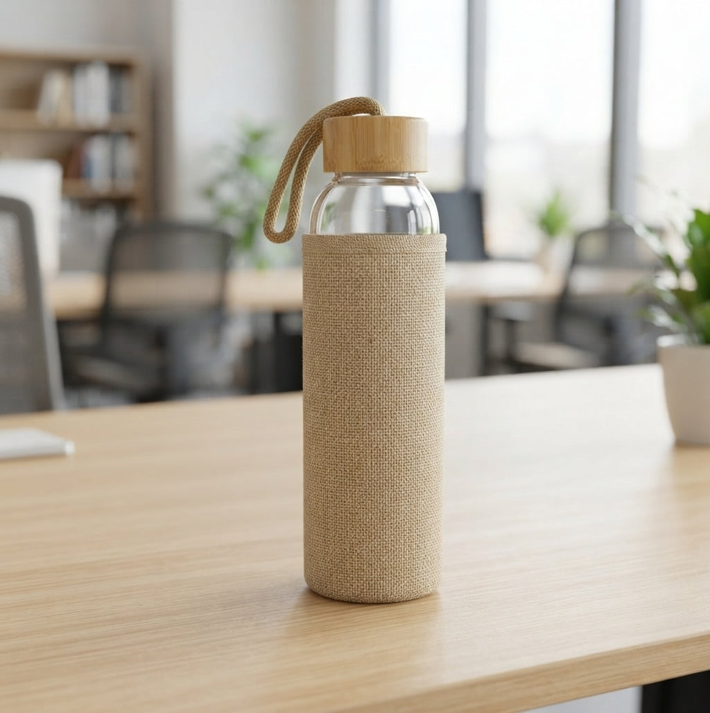 Glass Bottle with Bamboo Sleeve and Lid - lifestyle - Meru Trophy corporate gifting