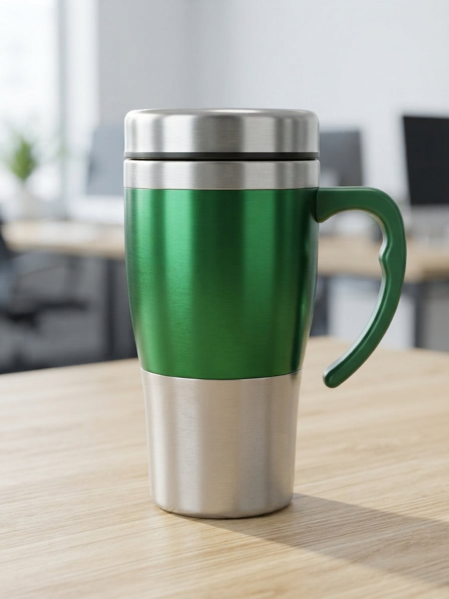 Steel Travel Mug with Handle - lifestyle desk shot - Meru Trophy corporate gifting