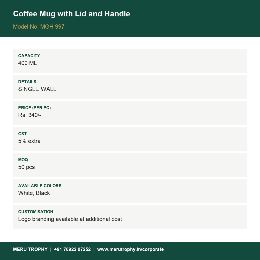 Coffee Mug with Lid and Handle - product details card - Meru Trophy corporate gifting