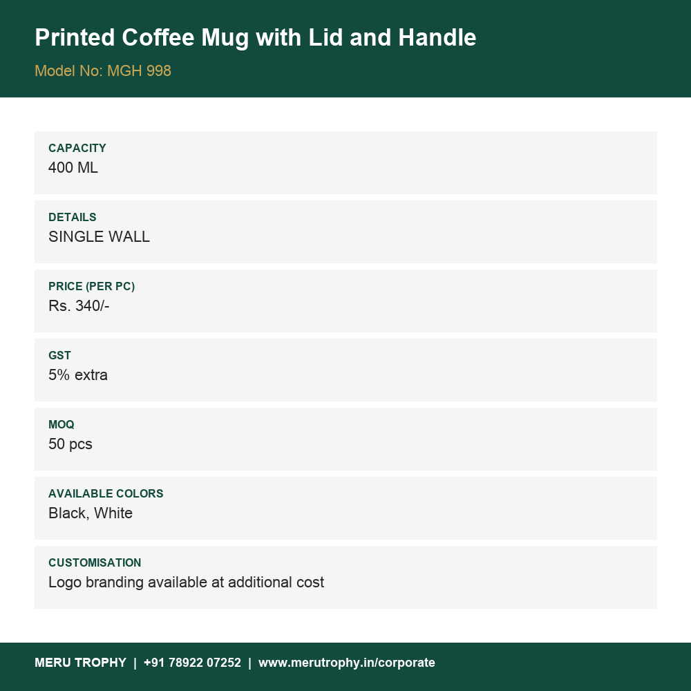 Printed Coffee Mug with Lid and Handle - specification card - Meru Trophy corporate gifting