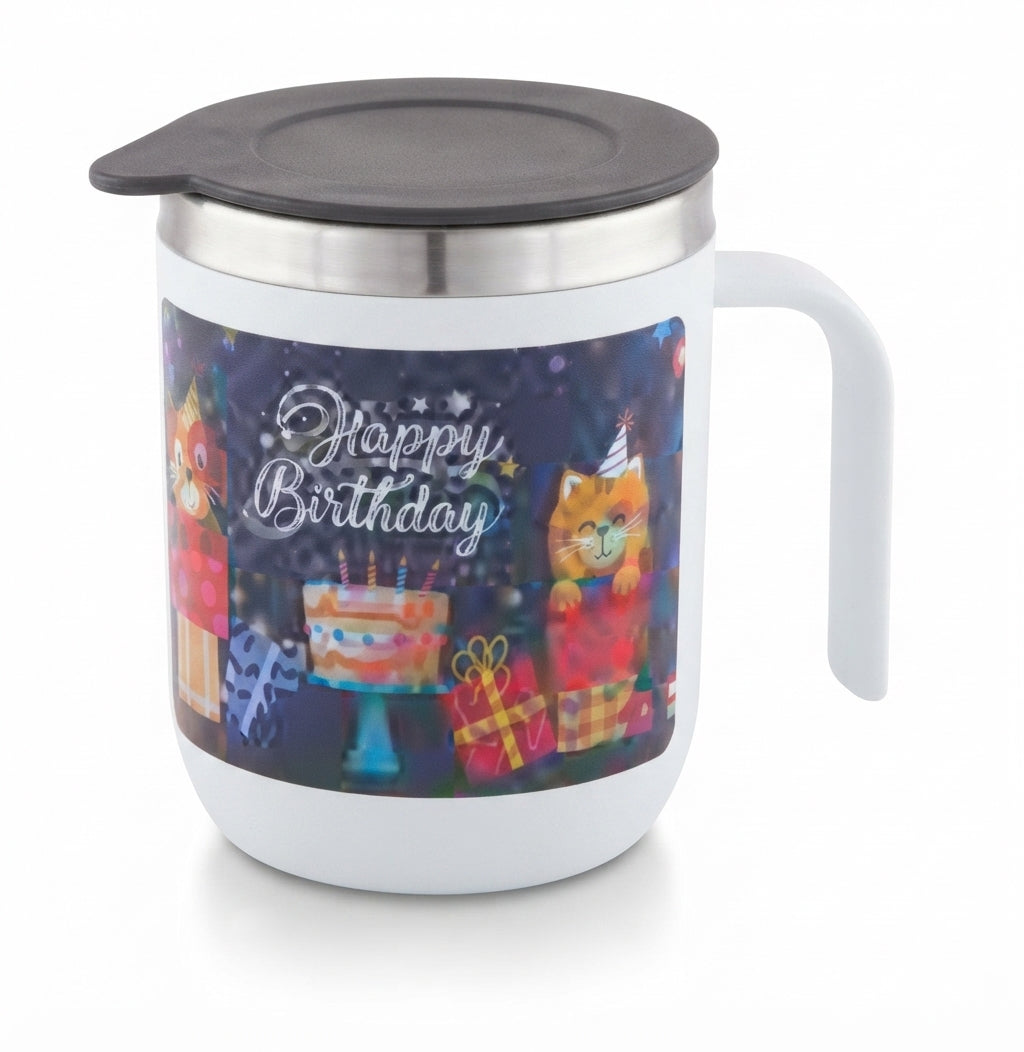 Printed Coffee Mug with Lid and Handle - White - Meru Trophy corporate gifting
