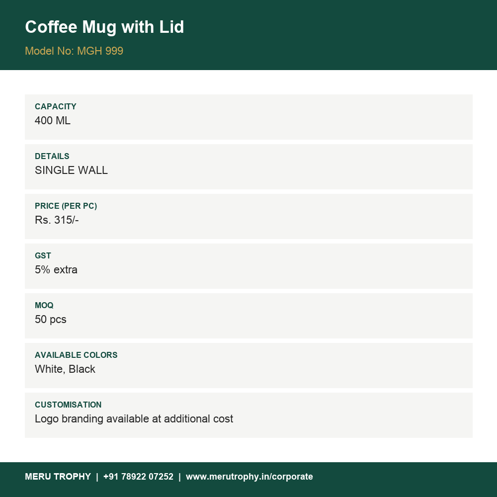 Coffee Mug with Lid - product details card - Meru Trophy corporate gifting