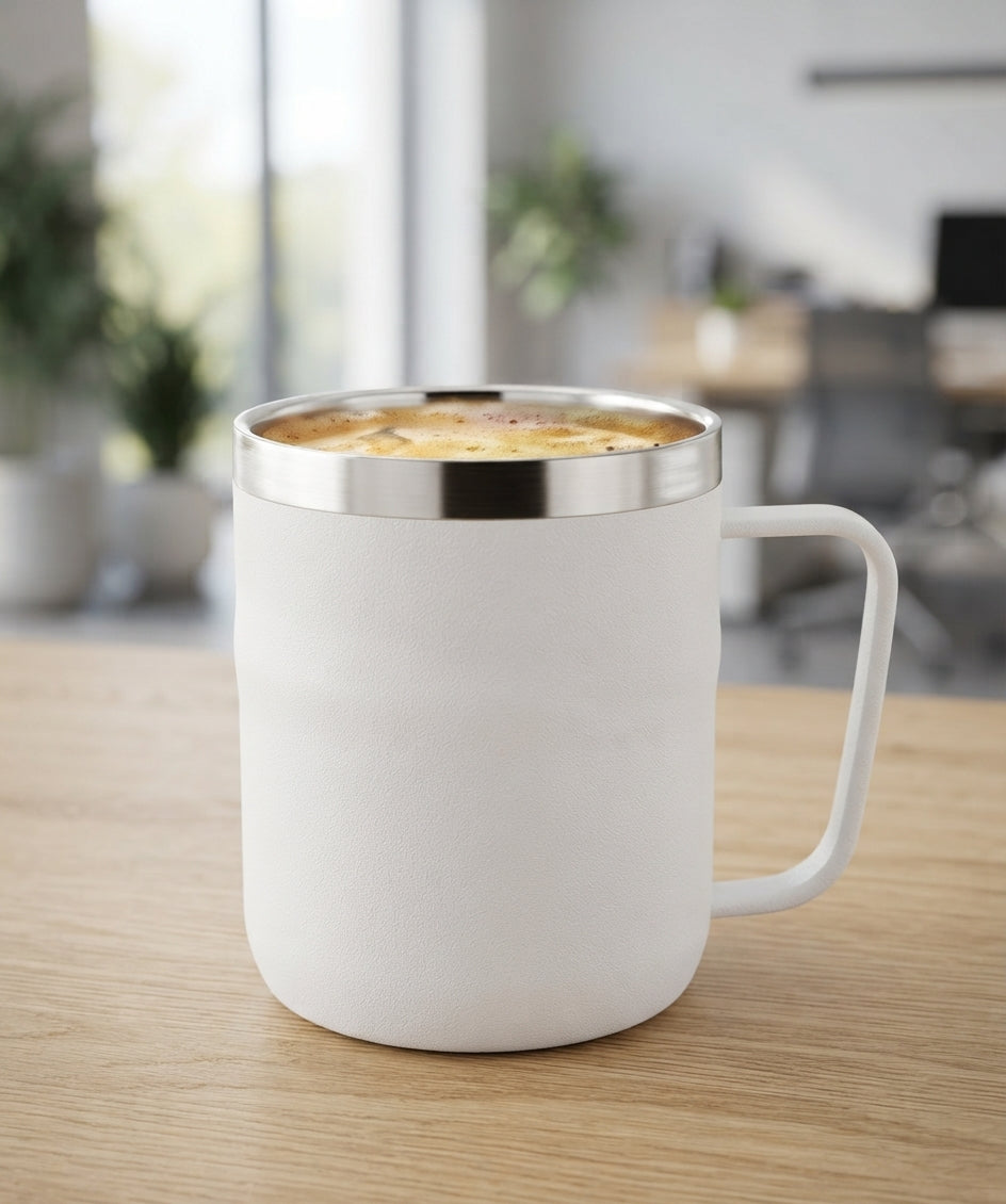 Coffee Mug with Lid - lifestyle desk shot - Meru Trophy corporate gifting