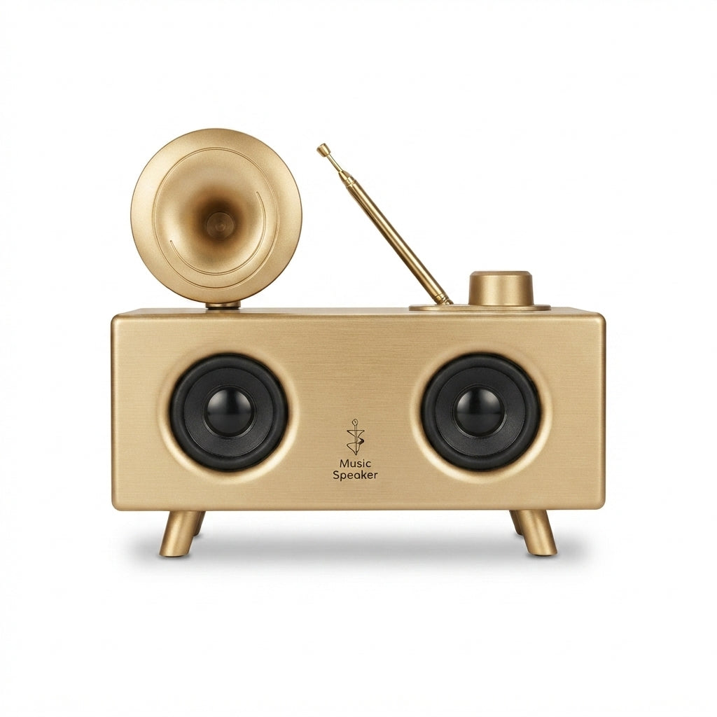 Retro Radio-Style Wooden Bluetooth Speaker with Horn - Gold - Meru Trophy corporate gifting