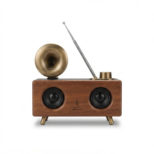 Retro Radio-Style Wooden Bluetooth Speaker with Horn - Wood - Meru Trophy corporate gifting