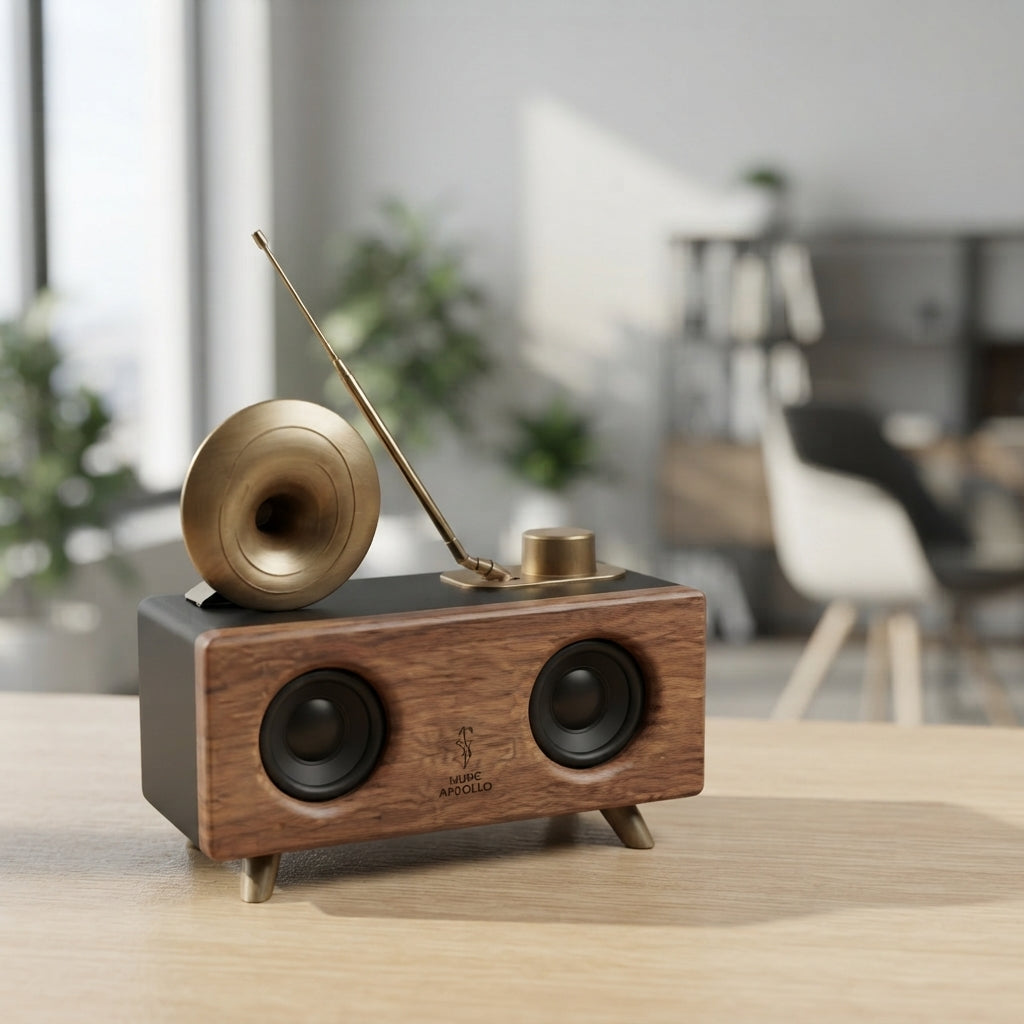 Retro Radio-Style Wooden Bluetooth Speaker with Horn - lifestyle - Meru Trophy corporate gifting