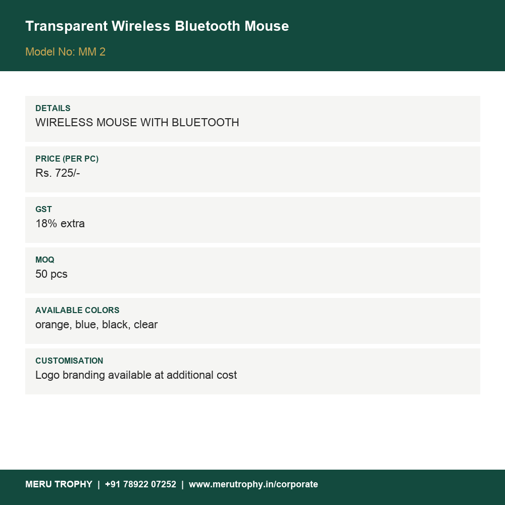 Transparent Wireless Bluetooth Mouse - spec card - Meru Trophy corporate gifting