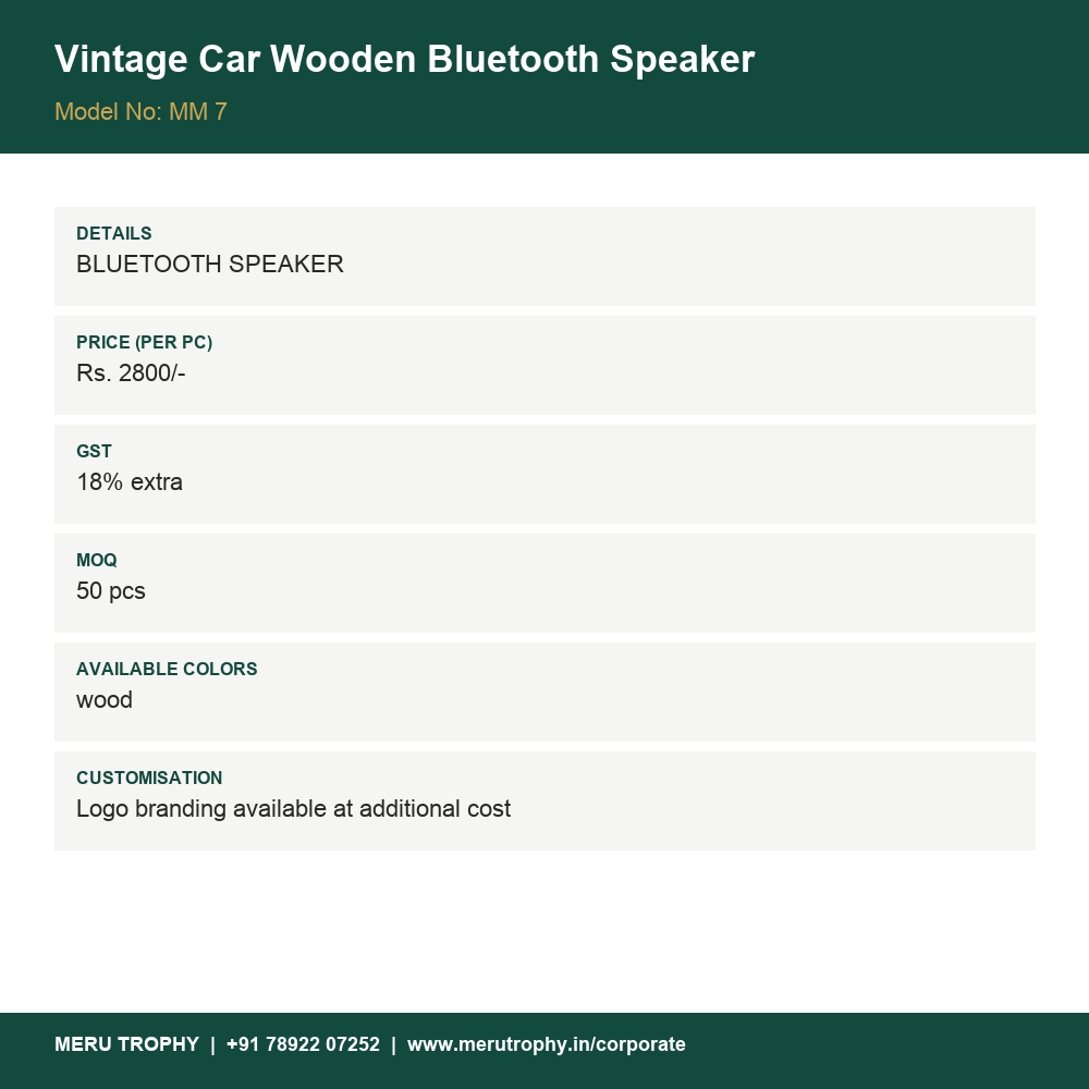 Vintage Car Wooden Bluetooth Speaker - product details card - Meru Trophy corporate gifting