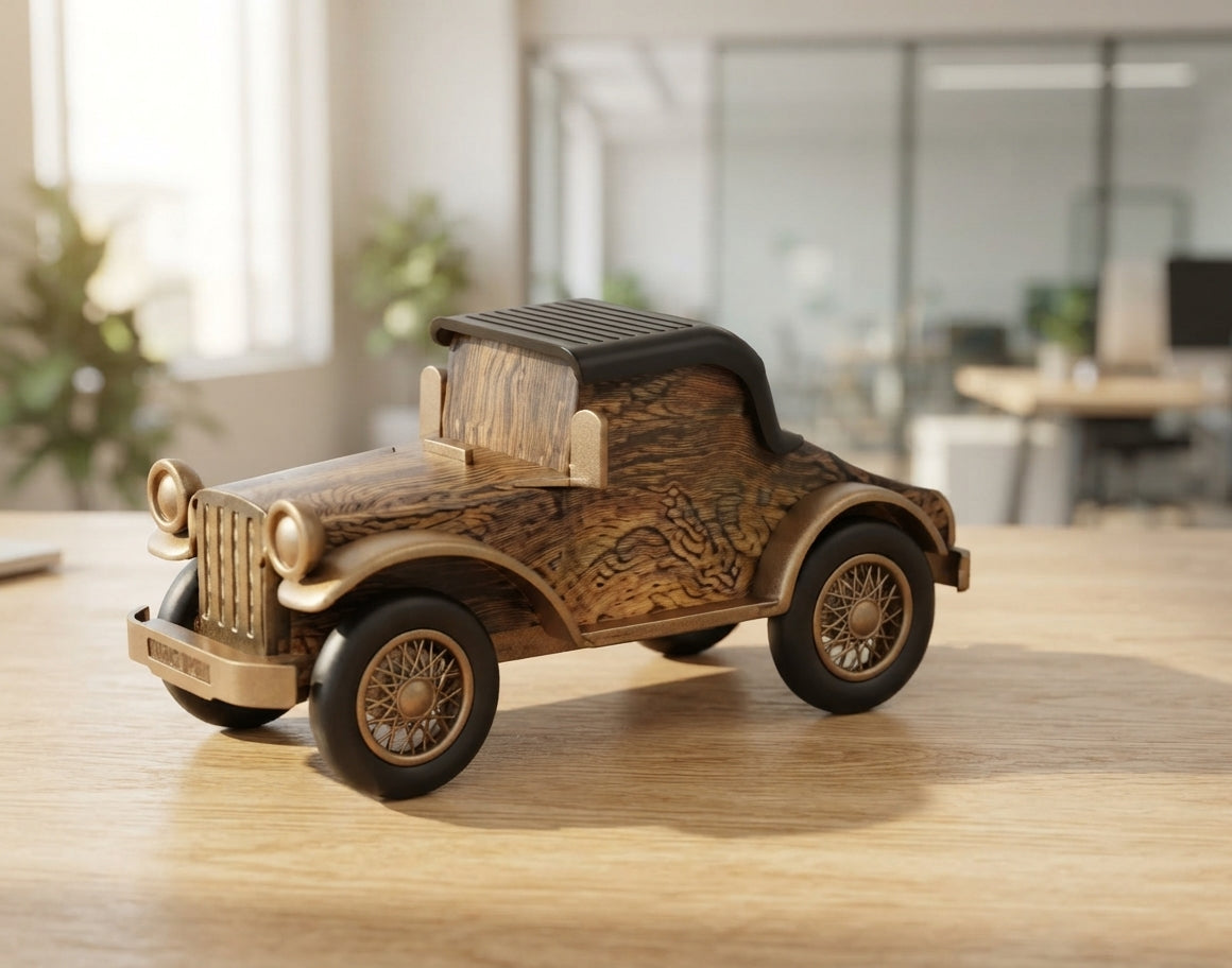 Vintage Car Wooden Bluetooth Speaker - lifestyle desk shot - Meru Trophy corporate gifting