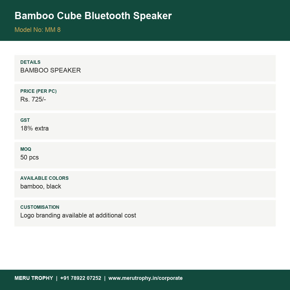Bamboo Cube Bluetooth Speaker - product details card - Meru Trophy corporate gifting