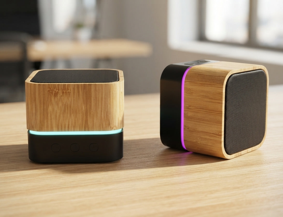 Bamboo Cube Bluetooth Speaker - lifestyle desk shot - Meru Trophy corporate gifting