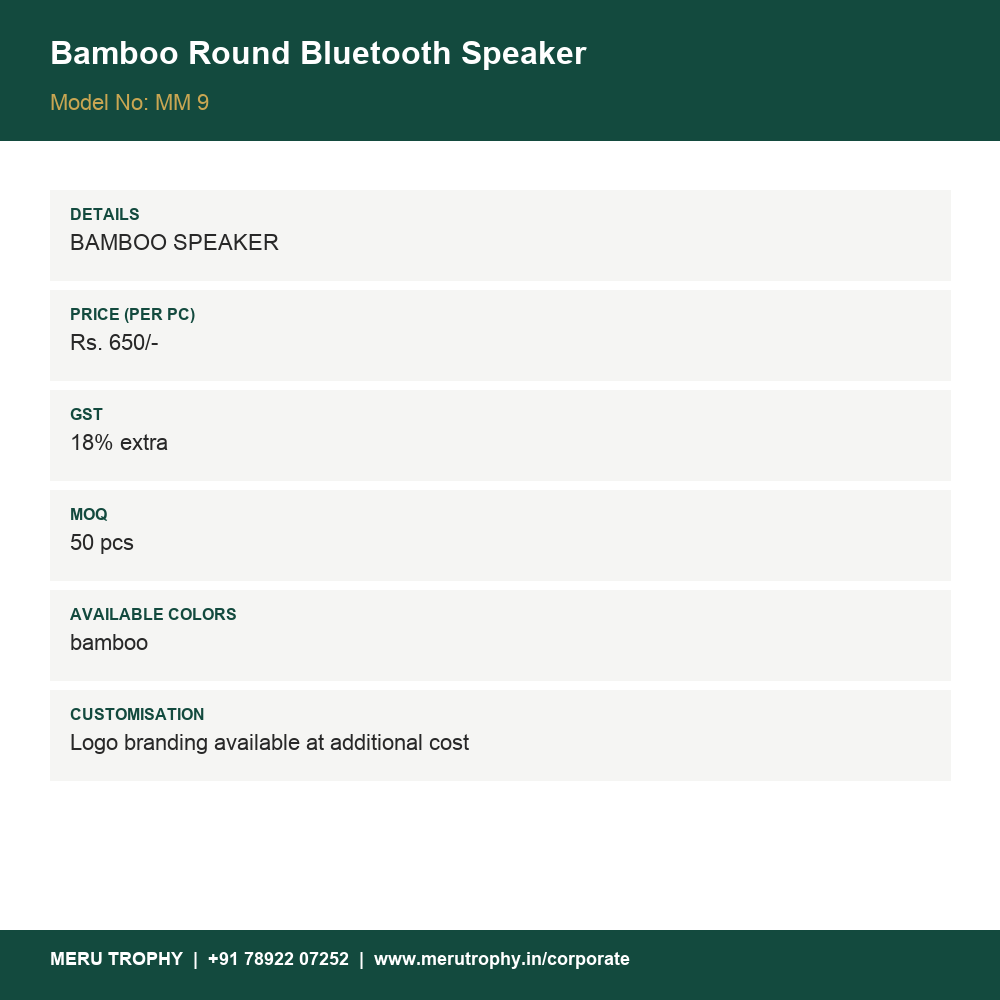 Bamboo Round Bluetooth Speaker - product details card - Meru Trophy corporate gifting