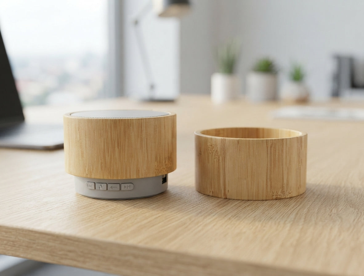 Bamboo Round Bluetooth Speaker - lifestyle desk shot - Meru Trophy corporate gifting