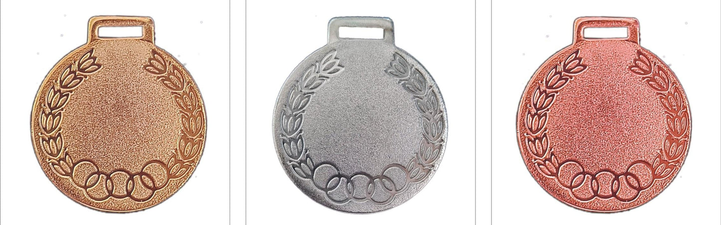 Gold; silver; and bronze Olympic-style medals for awards and recognition.